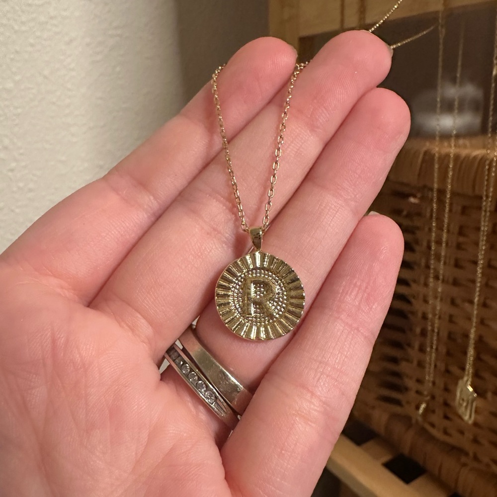 Gold R Medallion Initial Necklace